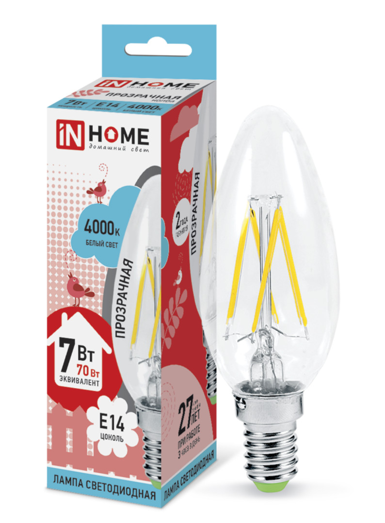 Лампа светодиодная LED-СВЕЧА-deco 7Вт 230В Е14 4000К 810Лм прозрачная IN HOME Лампа светодиодная LED-СВЕЧА-deco 7Вт 230В Е14 4000К 810Лм прозрачная IN HOME