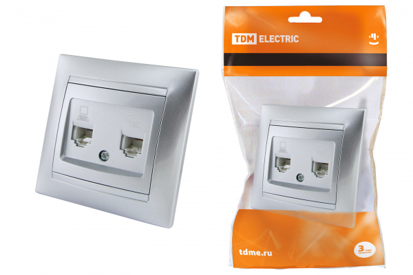 Розетка телефонная RJ11 + компьютерная RJ45 серебр. металлик Лама Розетка телефонная RJ11 + компьютерная RJ45 серебр. металлик Лама